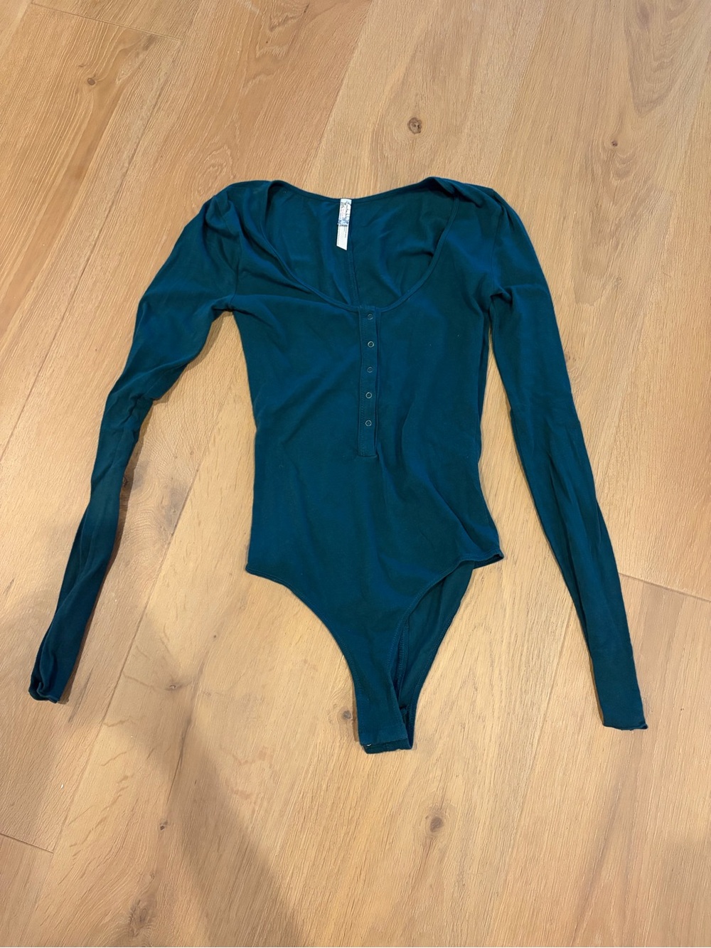 Free People Green Scoop Neck Long Sleeve Bodysuit with Snap Closure